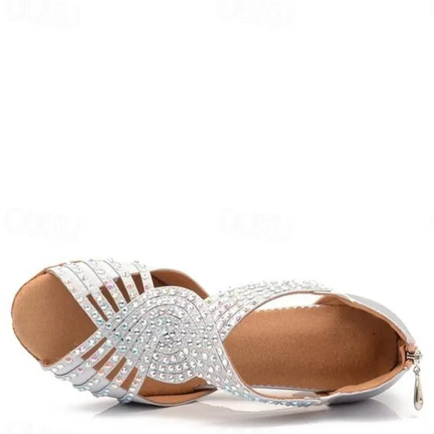 Women's Silver Rhinestone Latin Dance Sandals with Strappy Design, Soft Suede Sole and Mid Heels for Ballroom and Performance