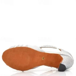 Women's Silver Rhinestone Latin Dance Sandals with Strappy Design, Soft Suede Sole and Mid Heels for Ballroom and Performance