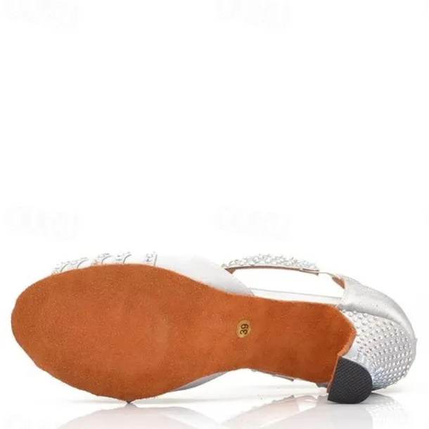 Women's Silver Rhinestone Latin Dance Sandals with Strappy Design, Soft Suede Sole and Mid Heels for Ballroom and Performance