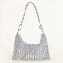 Women's Silver Rhinestone Shoulder Bag – Sparkly Hobo Purse with Knot Strap for Evening Parties, Weddings, and Night Out