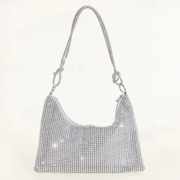 Women's Silver Rhinestone Shoulder Bag – Sparkly Hobo Purse with Knot Strap for Evening Parties, Weddings, and Night Out