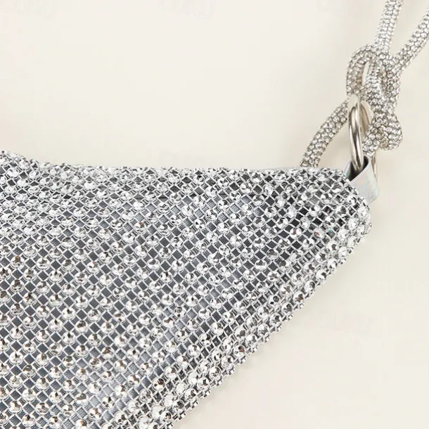 Women's Silver Rhinestone Shoulder Bag – Sparkly Hobo Purse with Knot Strap for Evening Parties, Weddings, and Night Out