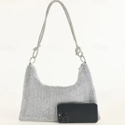 Women's Silver Rhinestone Shoulder Bag – Sparkly Hobo Purse with Knot Strap for Evening Parties, Weddings, and Night Out