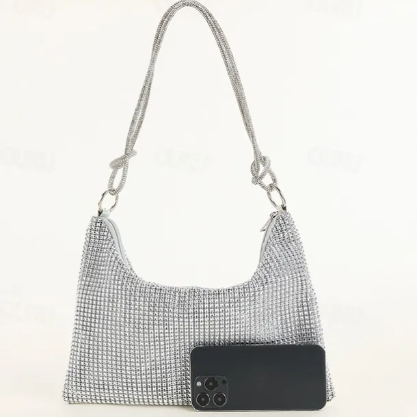 Women's Silver Rhinestone Shoulder Bag – Sparkly Hobo Purse with Knot Strap for Evening Parties, Weddings, and Night Out