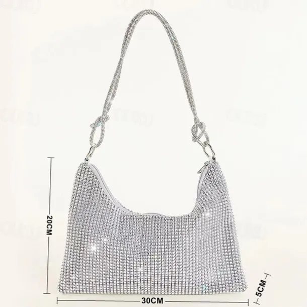Women's Silver Rhinestone Shoulder Bag – Sparkly Hobo Purse with Knot Strap for Evening Parties, Weddings, and Night Out
