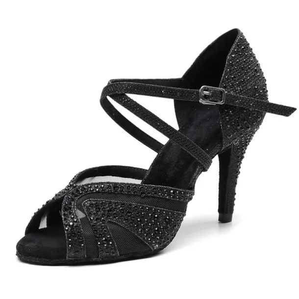 Women's Silver Rhinestone Dance Shoes with Crisscross Straps - Open-Toe Ballroom and Latin Heels