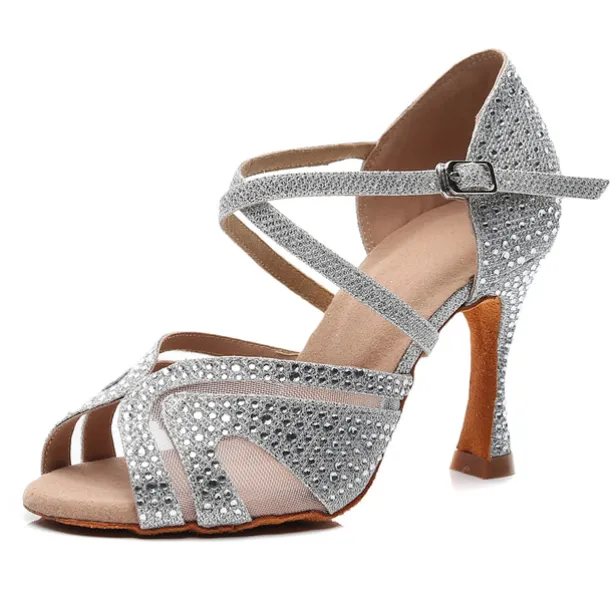 Women's Silver Rhinestone Dance Shoes with Crisscross Straps - Open-Toe Ballroom and Latin Heels