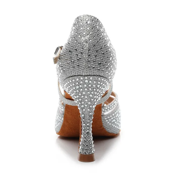 Women's Silver Rhinestone Dance Shoes with Crisscross Straps - Open-Toe Ballroom and Latin Heels