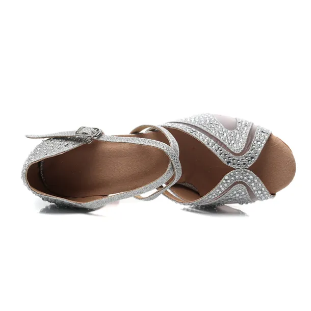 Women's Silver Rhinestone Dance Shoes with Crisscross Straps - Open-Toe Ballroom and Latin Heels
