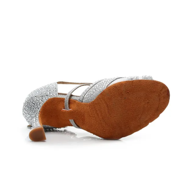 Women's Silver Rhinestone Dance Shoes with Crisscross Straps - Open-Toe Ballroom and Latin Heels