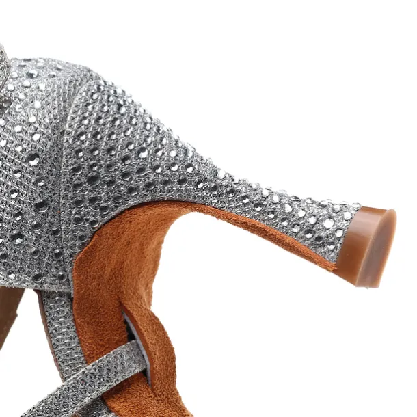 Women's Silver Rhinestone Dance Shoes with Crisscross Straps - Open-Toe Ballroom and Latin Heels