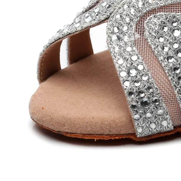 Women's Silver Rhinestone Dance Shoes with Crisscross Straps - Open-Toe Ballroom and Latin Heels