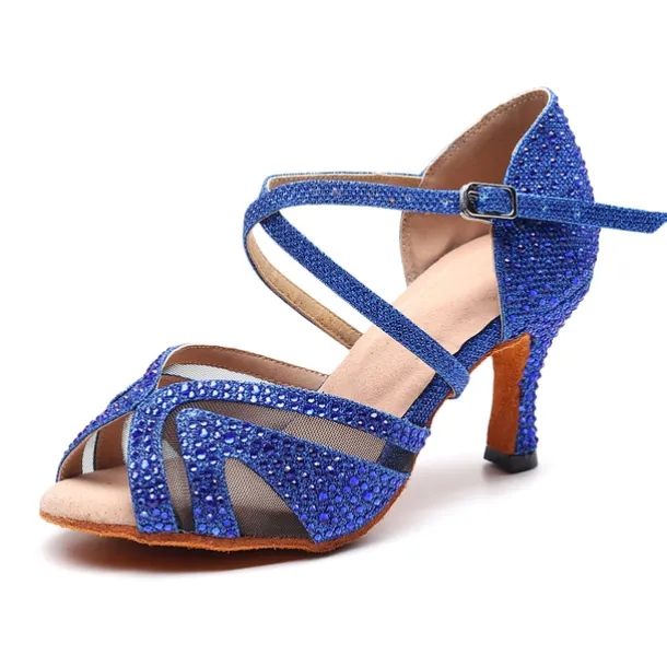 Women's Silver Rhinestone Dance Shoes with Crisscross Straps - Open-Toe Ballroom and Latin Heels