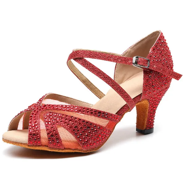 Women's Silver Rhinestone Dance Shoes with Crisscross Straps - Open-Toe Ballroom and Latin Heels