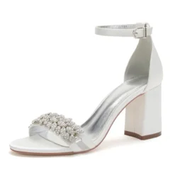 Women's Silver Satin Block Heel Sandals with Rhinestone Embellishments - Elegant Wedding and Evening Prom Shoes