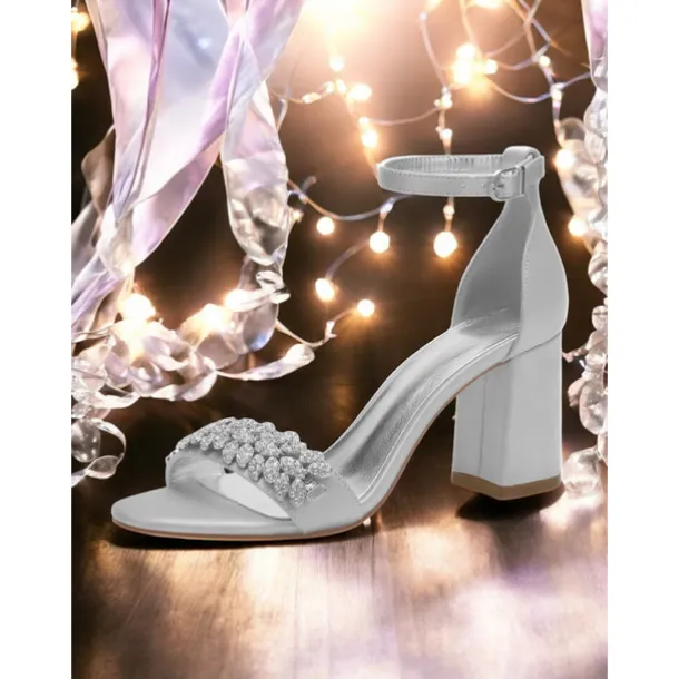 Women's Silver Satin Block Heel Sandals with Rhinestone Embellishments - Elegant Wedding and Evening Prom Shoes