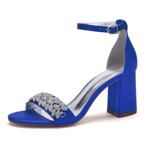 Women's Silver Satin Block Heel Sandals with Rhinestone Embellishments - Elegant Wedding and Evening Prom Shoes