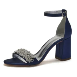 Women's Silver Satin Block Heel Sandals with Rhinestone Embellishments - Elegant Wedding and Evening Prom Shoes