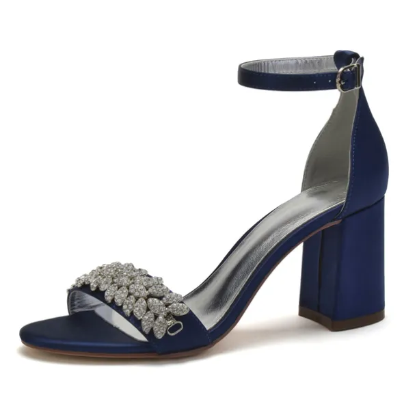 Women's Silver Satin Block Heel Sandals with Rhinestone Embellishments - Elegant Wedding and Evening Prom Shoes