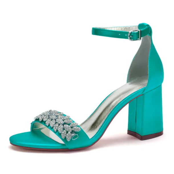 Women's Silver Satin Block Heel Sandals with Rhinestone Embellishments - Elegant Wedding and Evening Prom Shoes