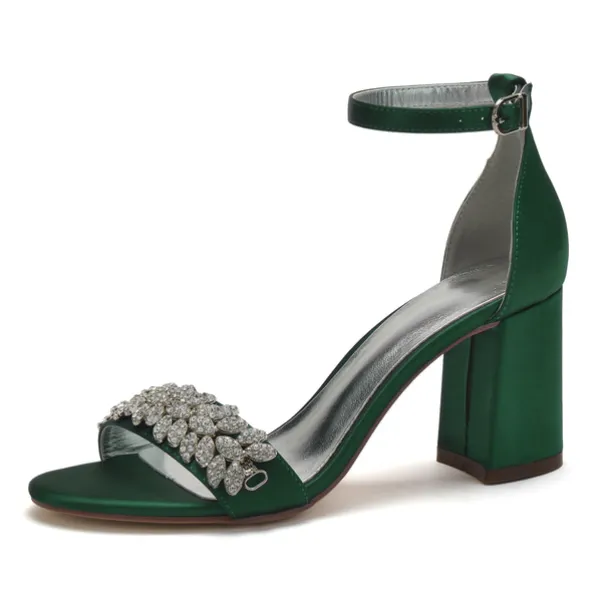 Women's Silver Satin Block Heel Sandals with Rhinestone Embellishments - Elegant Wedding and Evening Prom Shoes