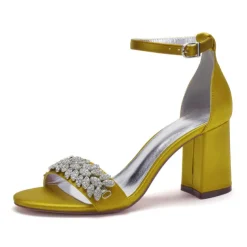 Women's Silver Satin Block Heel Sandals with Rhinestone Embellishments - Elegant Wedding and Evening Prom Shoes