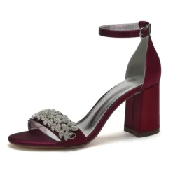 Women's Silver Satin Block Heel Sandals with Rhinestone Embellishments - Elegant Wedding and Evening Prom Shoes