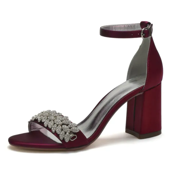 Women's Silver Satin Block Heel Sandals with Rhinestone Embellishments - Elegant Wedding and Evening Prom Shoes