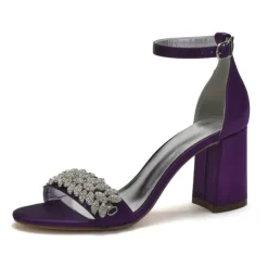 Women's Silver Satin Block Heel Sandals with Rhinestone Embellishments - Elegant Wedding and Evening Prom Shoes