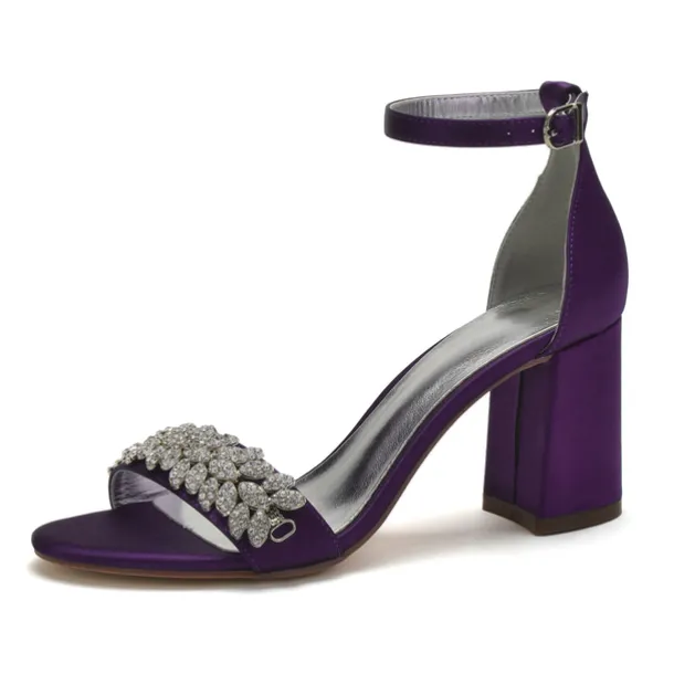 Women's Silver Satin Block Heel Sandals with Rhinestone Embellishments - Elegant Wedding and Evening Prom Shoes