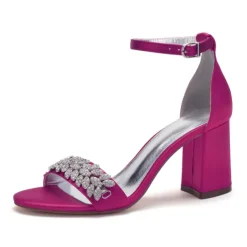 Women's Silver Satin Block Heel Sandals with Rhinestone Embellishments - Elegant Wedding and Evening Prom Shoes