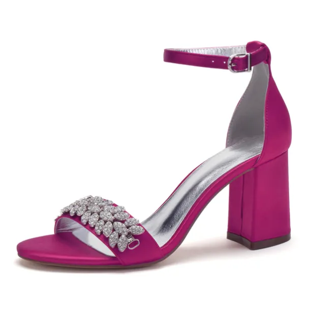 Women's Silver Satin Block Heel Sandals with Rhinestone Embellishments - Elegant Wedding and Evening Prom Shoes