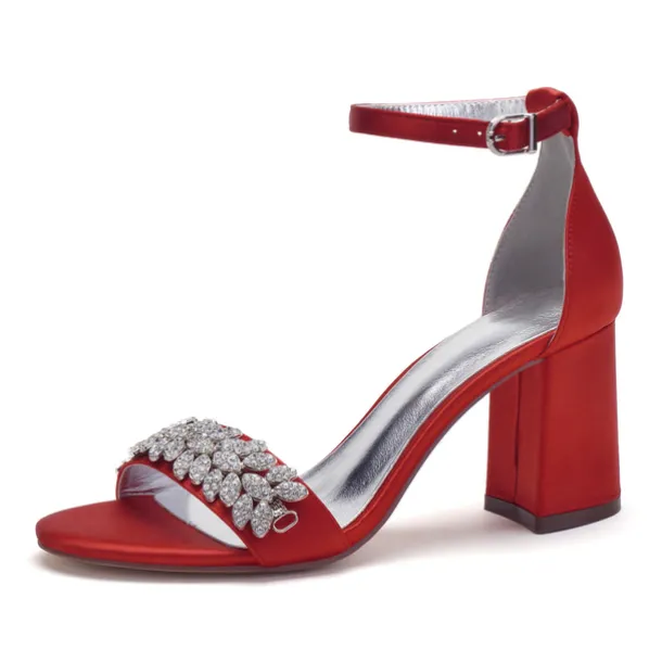 Women's Silver Satin Block Heel Sandals with Rhinestone Embellishments - Elegant Wedding and Evening Prom Shoes