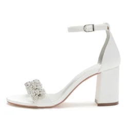 Women's Silver Satin Block Heel Sandals with Rhinestone Embellishments - Elegant Wedding and Evening Prom Shoes