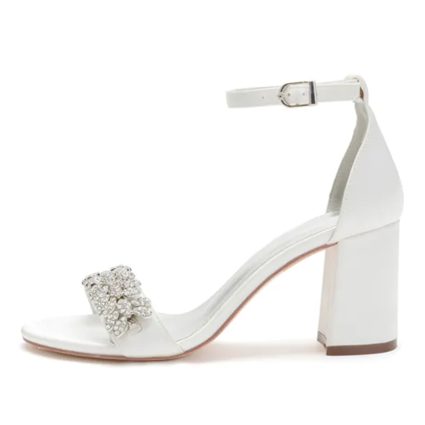 Women's Silver Satin Block Heel Sandals with Rhinestone Embellishments - Elegant Wedding and Evening Prom Shoes