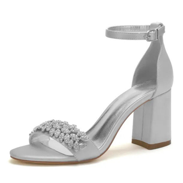 Women's Silver Satin Block Heel Sandals with Rhinestone Embellishments - Elegant Wedding and Evening Prom Shoes