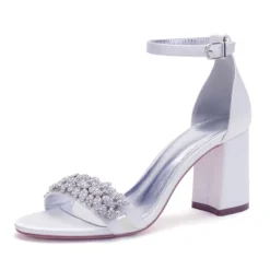 Women's Silver Satin Block Heel Sandals with Rhinestone Embellishments - Elegant Wedding and Evening Prom Shoes