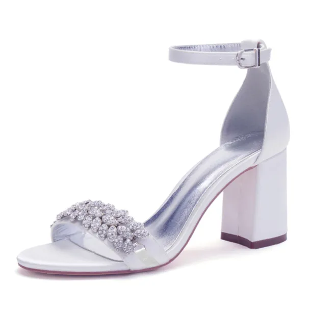 Women's Silver Satin Block Heel Sandals with Rhinestone Embellishments - Elegant Wedding and Evening Prom Shoes