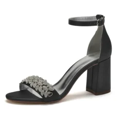 Women's Silver Satin Block Heel Sandals with Rhinestone Embellishments - Elegant Wedding and Evening Prom Shoes