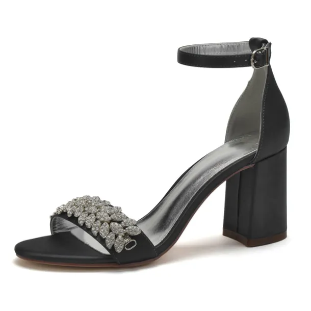 Women's Silver Satin Block Heel Sandals with Rhinestone Embellishments - Elegant Wedding and Evening Prom Shoes
