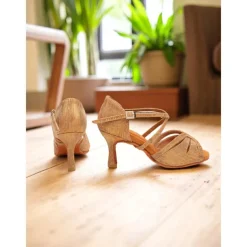 Women's Silver Satin Dance Shoes with Low Kitten Heel and Cross Strap Design - Elegant Dance Shoes for Ballroom and Latin Dances