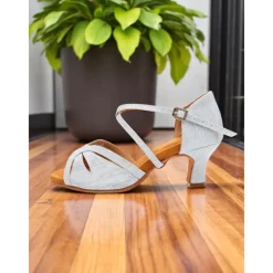 Women's Silver Satin Dance Shoes with Low Kitten Heel and Cross Strap Design - Elegant Dance Shoes for Ballroom and Latin Dances