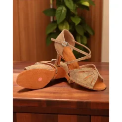 Women's Silver Satin Dance Shoes with Low Kitten Heel and Cross Strap Design - Elegant Dance Shoes for Ballroom and Latin Dances