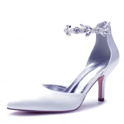 Women's Silver Satin Pointed-Toe Wedding Heels – Rhinestone Embellished Ankle Strap and Elegant Mid Heel