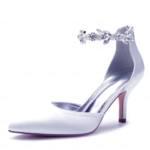 Women's Silver Satin Pointed-Toe Wedding Heels – Rhinestone Embellished Ankle Strap and Elegant Mid Heel
