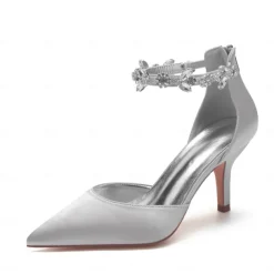 Women's Silver Satin Pointed-Toe Wedding Heels – Rhinestone Embellished Ankle Strap and Elegant Mid Heel