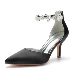 Women's Silver Satin Pointed-Toe Wedding Heels – Rhinestone Embellished Ankle Strap and Elegant Mid Heel