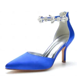 Women's Silver Satin Pointed-Toe Wedding Heels – Rhinestone Embellished Ankle Strap and Elegant Mid Heel