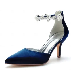 Women's Silver Satin Pointed-Toe Wedding Heels – Rhinestone Embellished Ankle Strap and Elegant Mid Heel