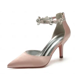 Women's Silver Satin Pointed-Toe Wedding Heels – Rhinestone Embellished Ankle Strap and Elegant Mid Heel